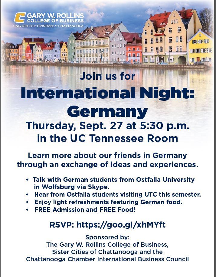 Join us for International Nights: Germany on Thursday, Sept. 27 at 5:30 pm in the UC Tennessee Room