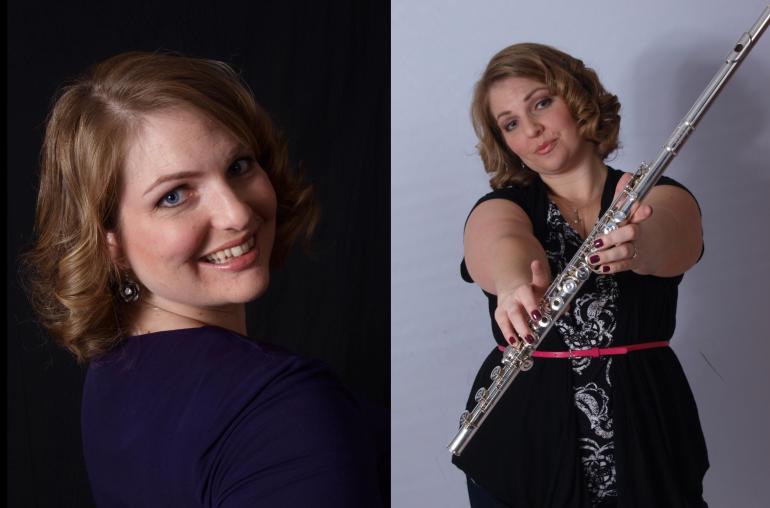 2 images of Ginny Tutton- in the right, she holds a flute
