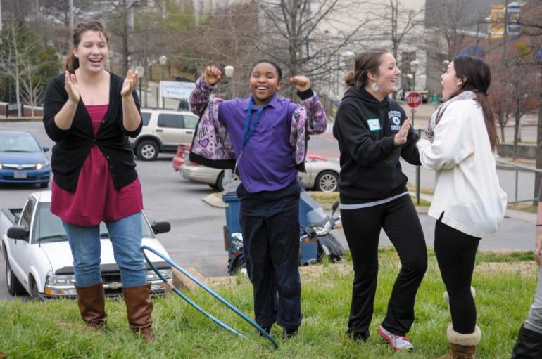 Students outside having fun