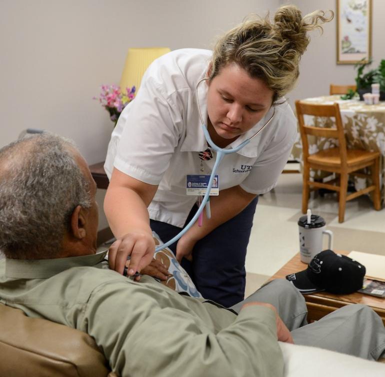 Nursing Simulation Gerontology Nurse checking heartbeat
