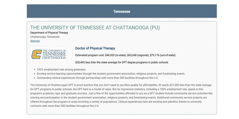 HealthGrad.com Ranking UTC DPT ranked best value in the state.