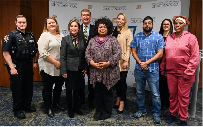 The Chancellor's Blue Ribbon Award luncheon was held Tuesday, January 14, 2020 in the University Center. Left to right are: Sgt. Harry Wolverton, Kim McCroskey, Sue Culpepper, Chancellor Steve Angle, Angelique Cook, Jaclyn York, Megs Hazare, Laure Pou and Ruby Jordan.