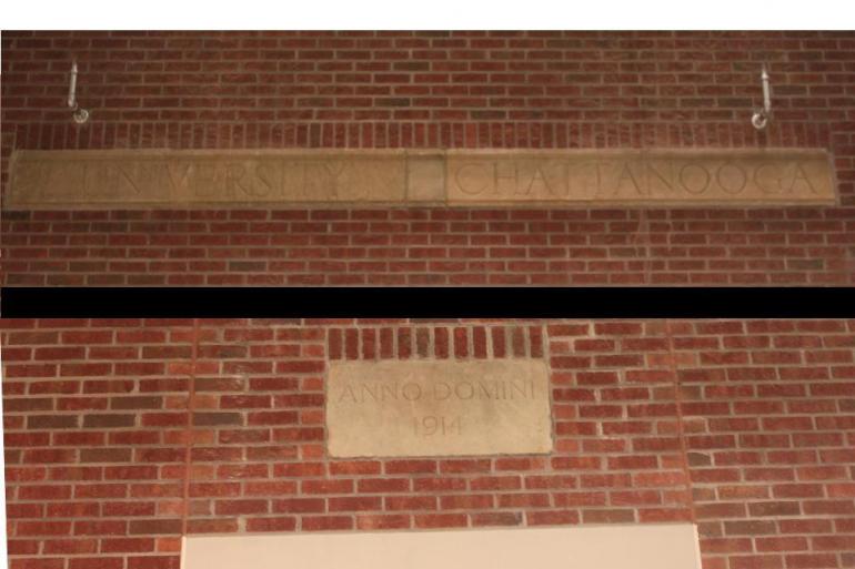 On the 2nd floor you’ll see two signs: “University; Chattanooga” and “Anno Domini 1914”; both of these came from the old men’s gymnasium that was at the top of Cardiac Hill, next to Bretske Hall. 