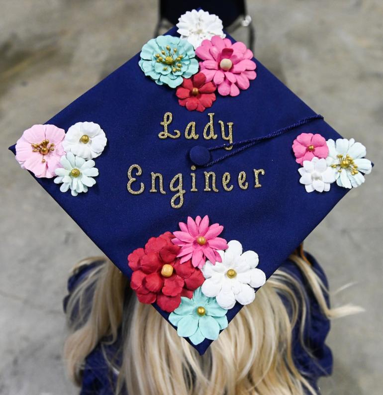 Decorated graduation mortarboard with "Lady Engineer"