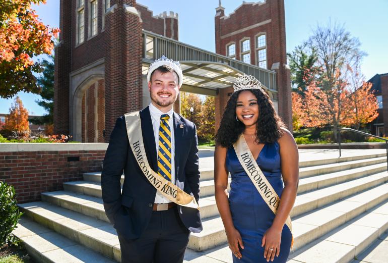 Homecoming Court 2020 Collin Cantrell and Mashara Miller pose in formal attire for Homecoming Queen and King photo.