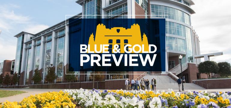 Blue and Gold Preview over a photo of the library