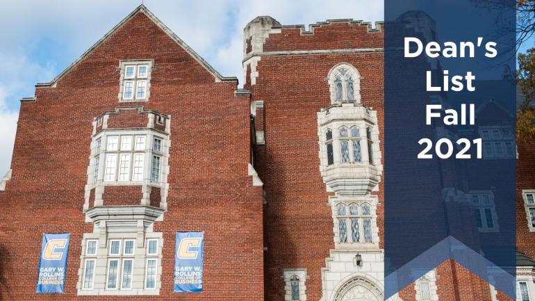 Dean's List Fall 2021 Fletcher Hall with banner that reads Dean's List Fall 2021
