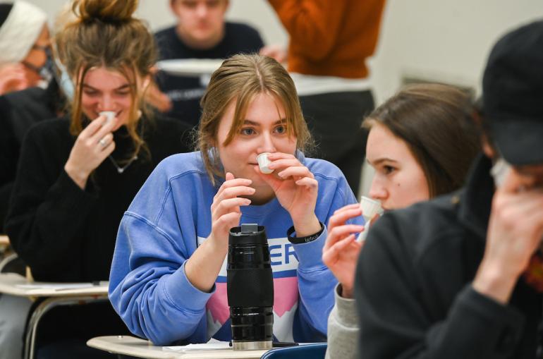 Students in Dr. Emma McDonell's 'Food, Society, Identity' course participate in a blind olive oil tasting. Students in Dr. Emma McDonell's 'Food, Society, Identity' course participate in a blind olive oil tasting.