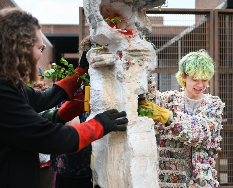 students with sculpture