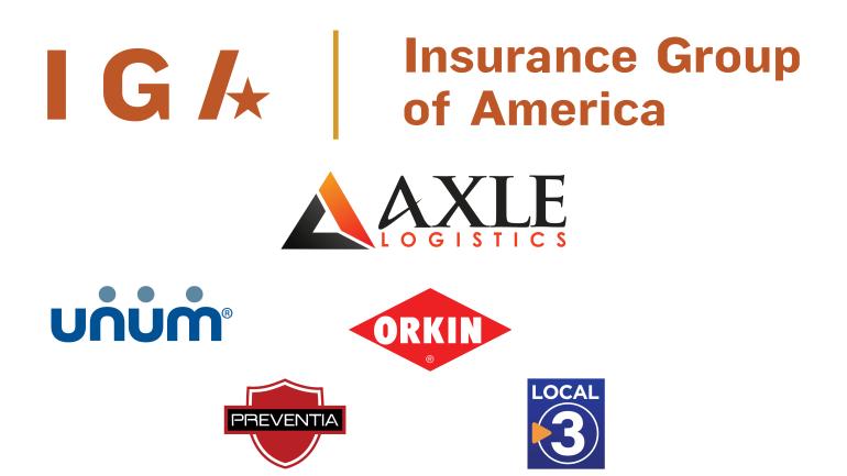Logos for Insurance Group of America, Axle Logistics, UNUM, Orkin, Local 3 News and Preventia