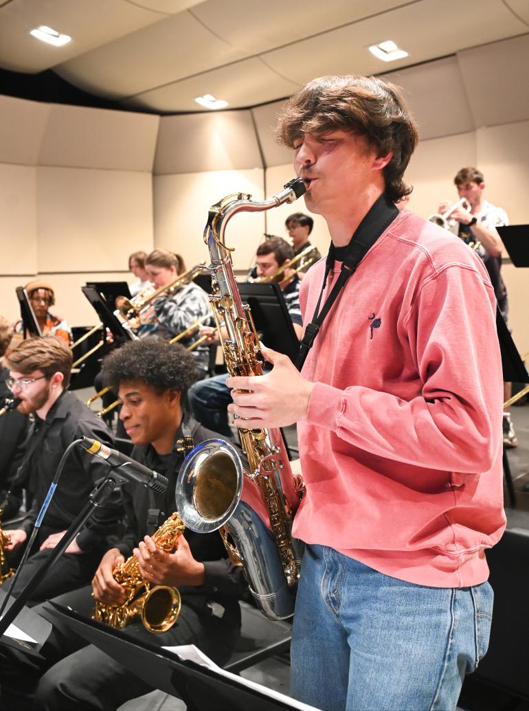 Photo of sax soloist in UTC Jazz Band 2023