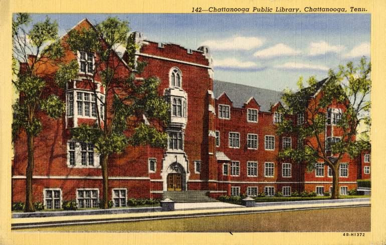 John Storrs Fletcher Library Circa 1940s postcard depicting the exterior of the Chattanooga Public Library, which also housed the University Library.