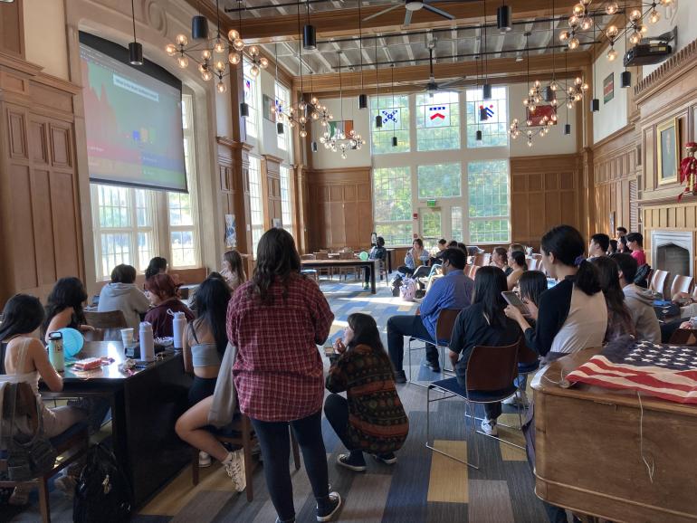 Group of students gathered around projector