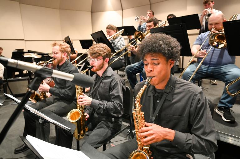 A close up of the sax section in UTC Jazz Band