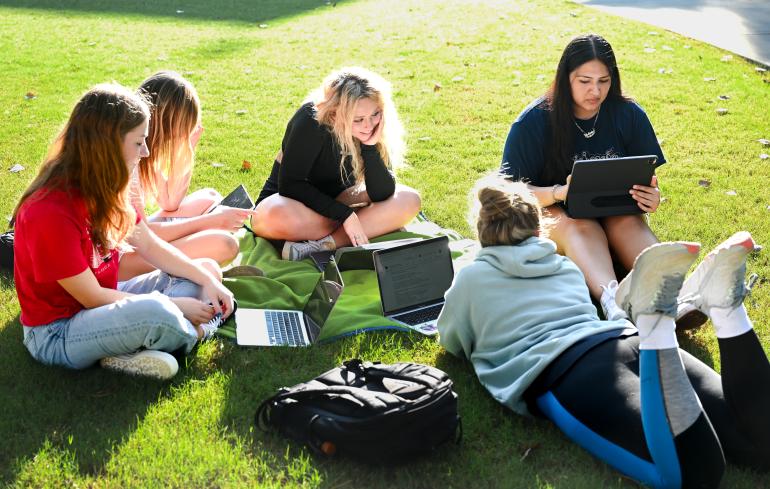 Students sitting studying together on the quad