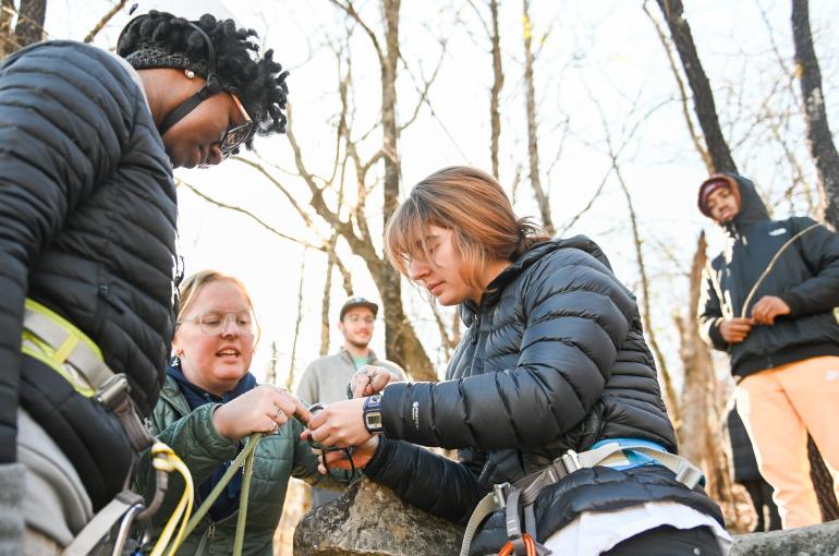 Students rapel during Drew Bailey’s Outdoor Leadership class 