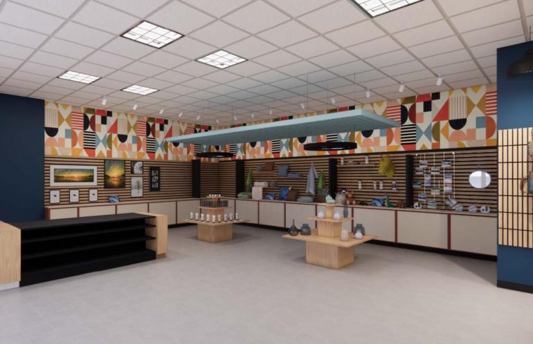 Interior design proposal for the new Mocs Marketplace showing colorful wall treatments, and display shelving.