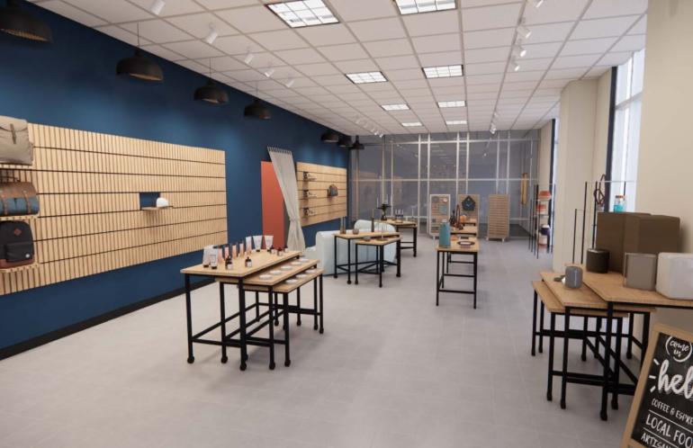 Interior view of the proposed design for the Mocs Marketplace showing a glass wall, display shelving and free-standing display tables.