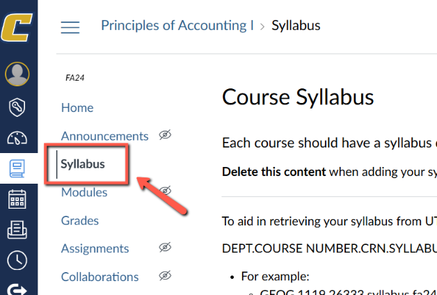 Image showing the Canvas navigation menu, highlighting the Syllabus tool link.