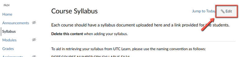 An image highlighting the Edit button within the Canvas Syllabus tool.