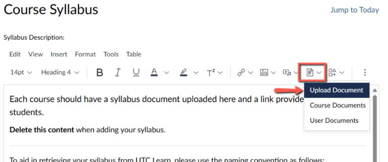 An image highlighting the document upload button on the rich content editor in Canvas
