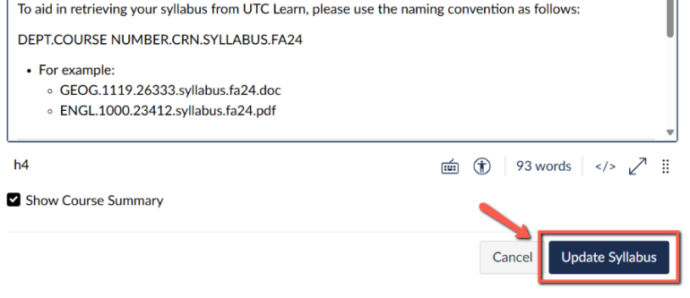 An image highlighting the Update Syllabus button on the syllabus edit screen.