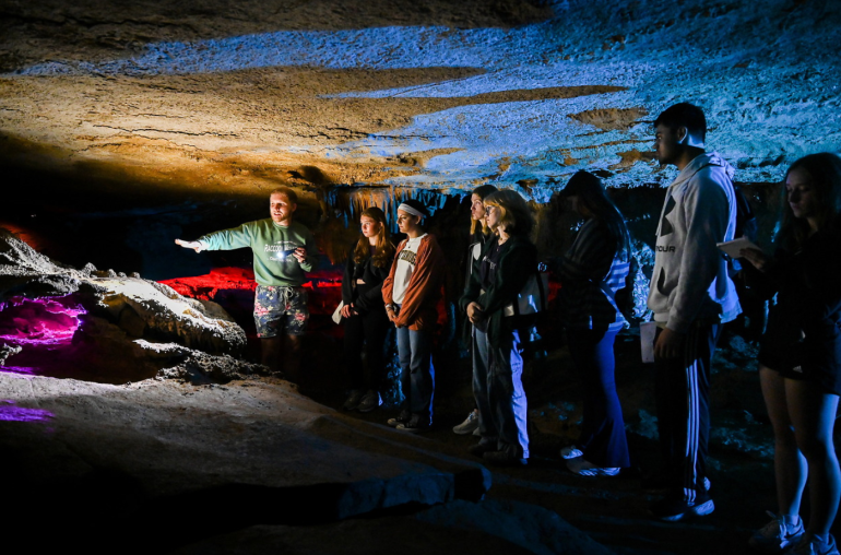 Students in Robert Lake Wilson Professor of Geology Amy Brock-Hon’s “A Moc’s First Year” course toured Raccoon Mountain Caverns in September. Photo by Angela Foster. Students in Robert Lake Wilson Professor of Geology Amy Brock-Hon’s “A Moc’s First Year” course toured Raccoon Mountain Caverns in September. Photo by Angela Foster.