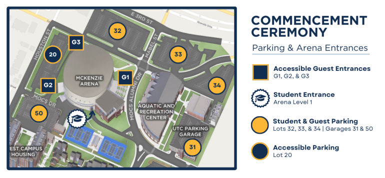 Map of parking and entrances to the McKenzie arena related to commencement ceremonies.