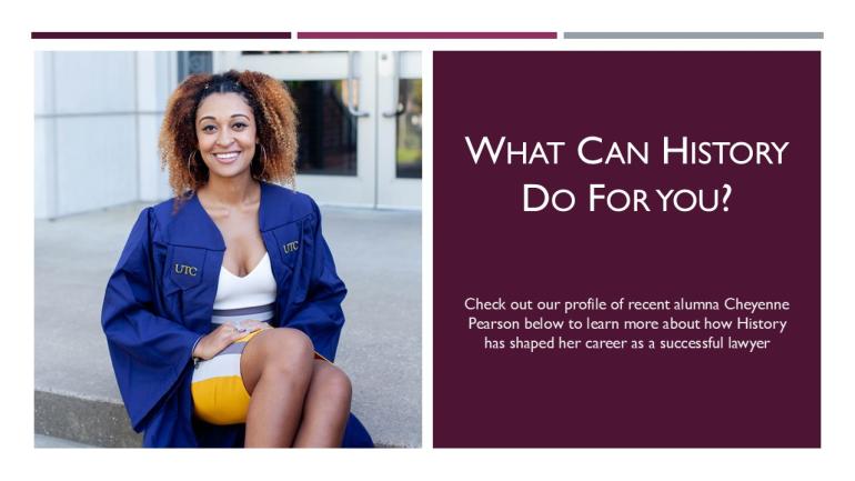 Slide featuring History alum