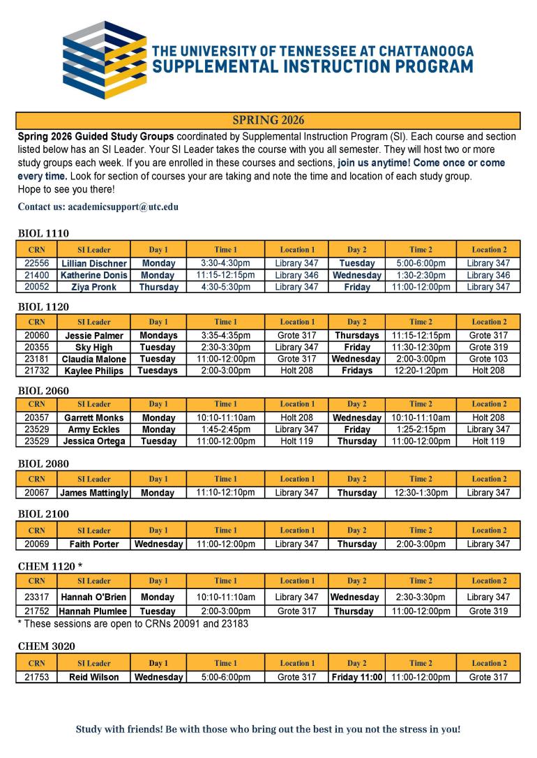 Spring 2026 Supplemental Instruction Schedule Pg. 1