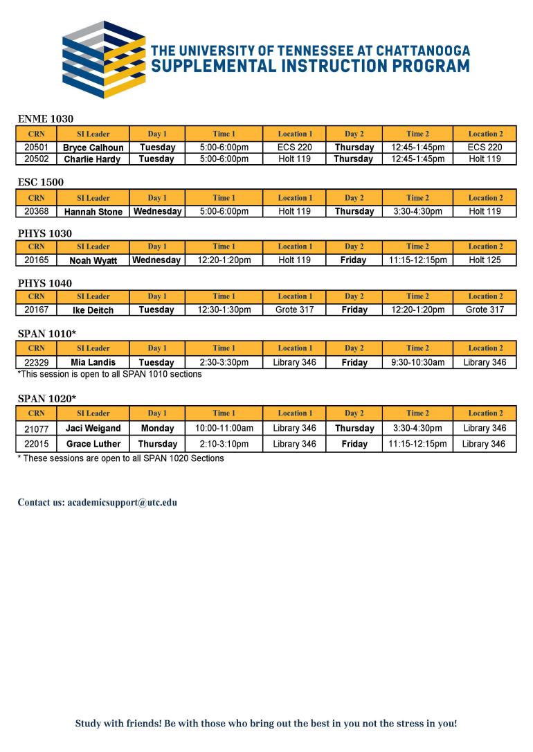 Schedule of Supplementatl Instruction Sessions