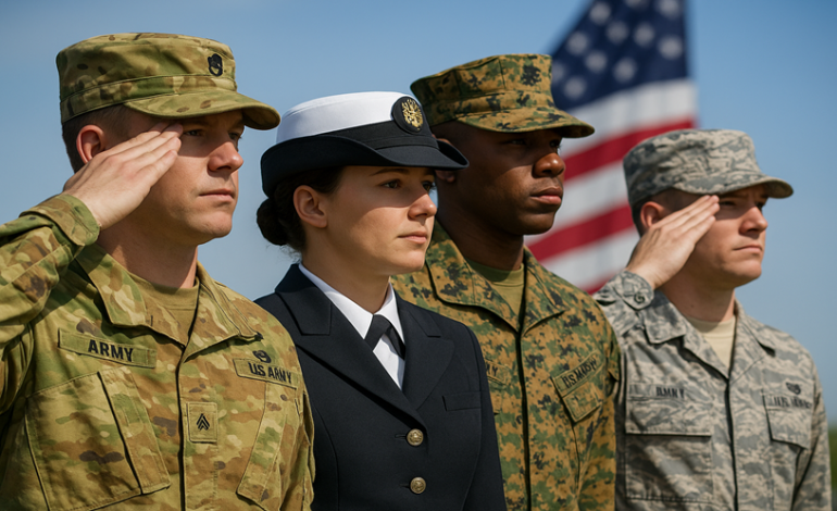Military officers saluting in front of a flag
