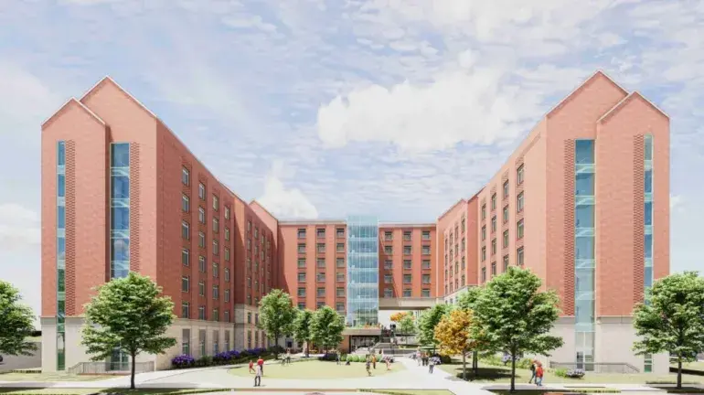 Extrior of brick residence hall with U shaped structure