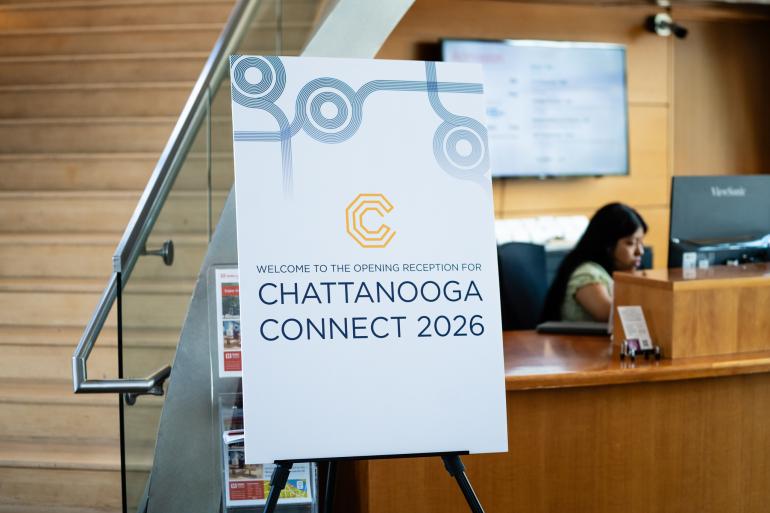 A sign that reads "Welcome to the Opening Reception for Chattanooga Connect 2026"