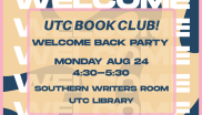 Colorful retro flyer announces UTC Book Club’s welcome back party Monday, Aug. 24, 4:30–5:30 at UTC Library; playful, inviting design.
