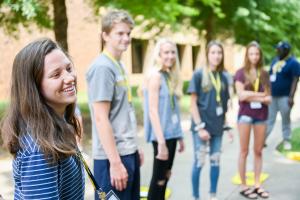 Students standing in line at orientation