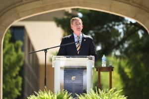 The Chancellor gives the State of the University address at Chamberlain Field.