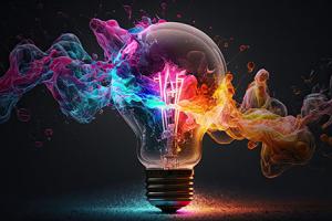 Mark your calendars Large lightbult with teal and magenta gases emiting to the left and orange and yellow gases emitting to the right.