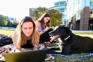 UTC online programs and degrees UTC student on her laptop on Chamberlain field