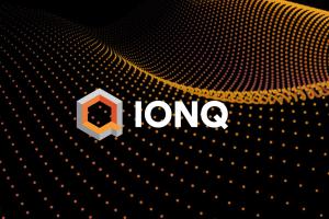 IONQ logo IONQ logo and futuristic quantum background in black and orange.