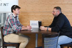 Student interviewing on campus 