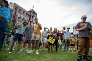 Students and families at the basketball parade
