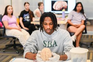 Male UTC student wearing a grey sweatshirt holding a model brain