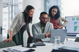 A team of information technology employees work together to create software