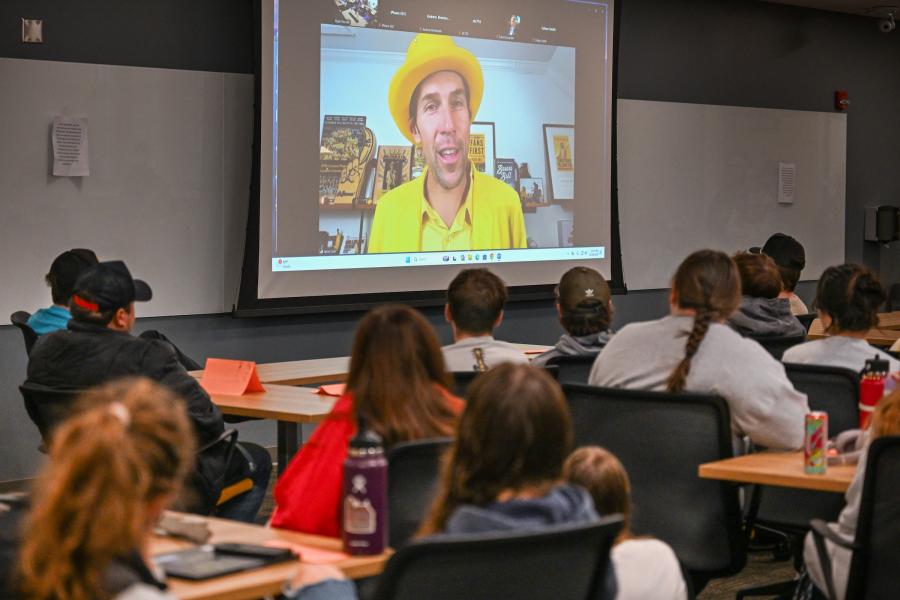RCOB students listen and watch as Jesse Cole of the Savannah Bananas joins the classroom via a zoom call. 